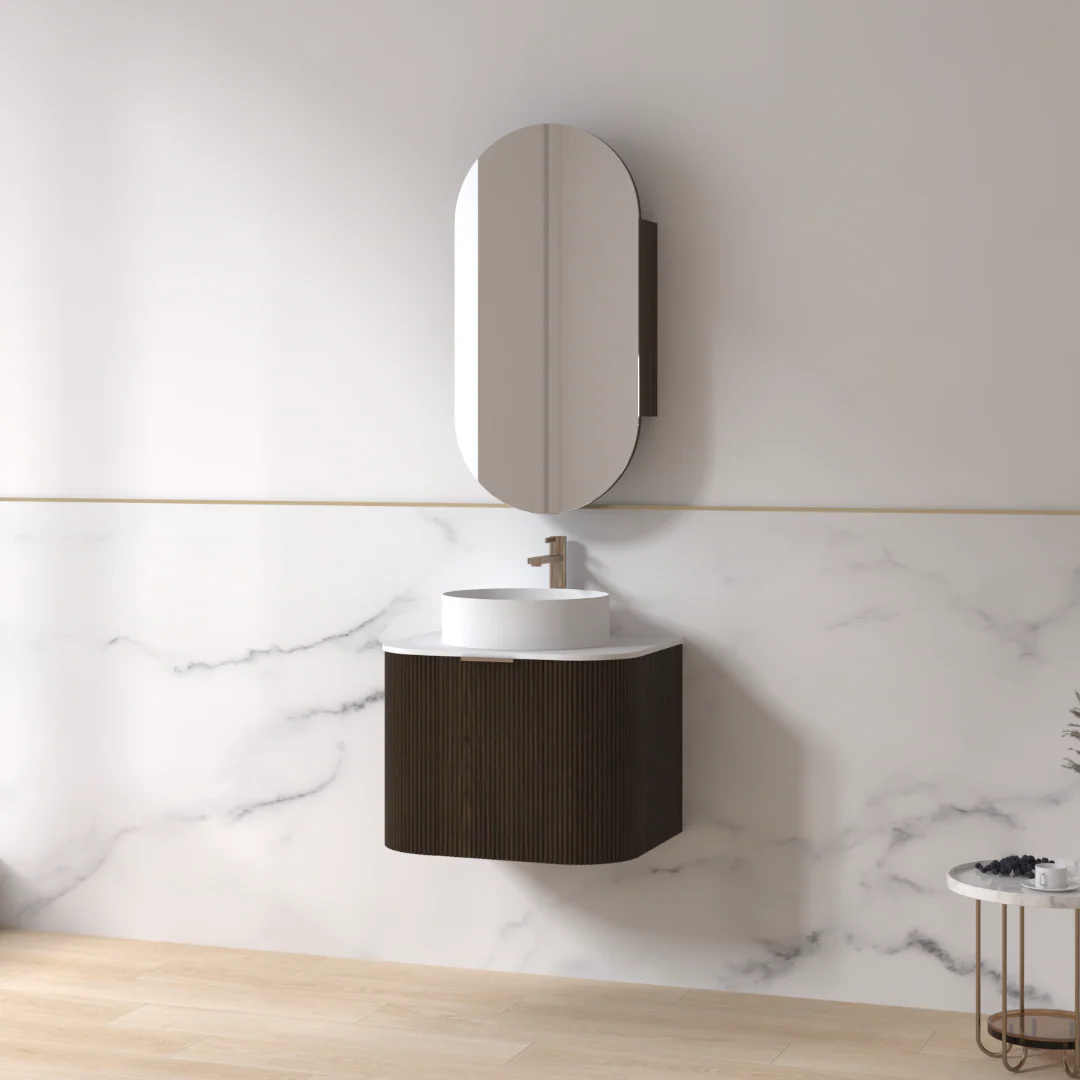 Siena 600 Curved Black Walnut Fluted Wall Hung Vanity - Image 4