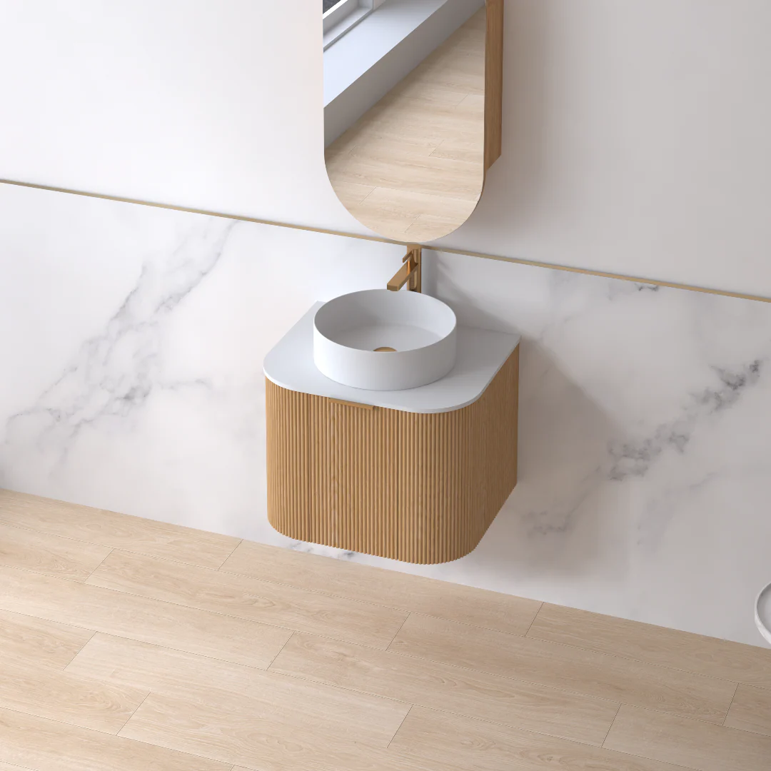 Siena 600 Curved Light Walnut Fluted Wall Hung Vanity - Image 3