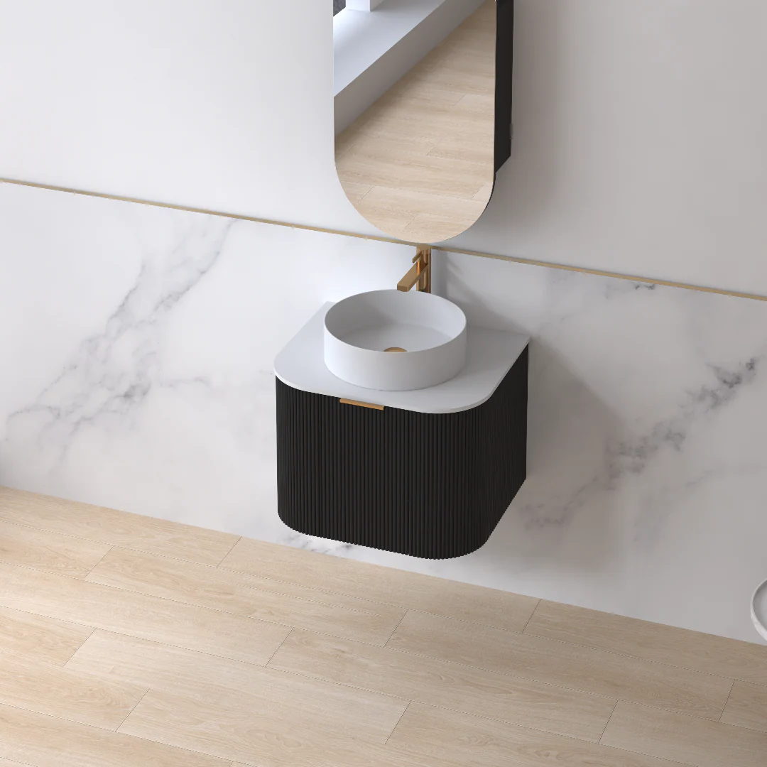 Siena 600 Curved Matte Black Fluted Wall Hung Vanity - Image 3
