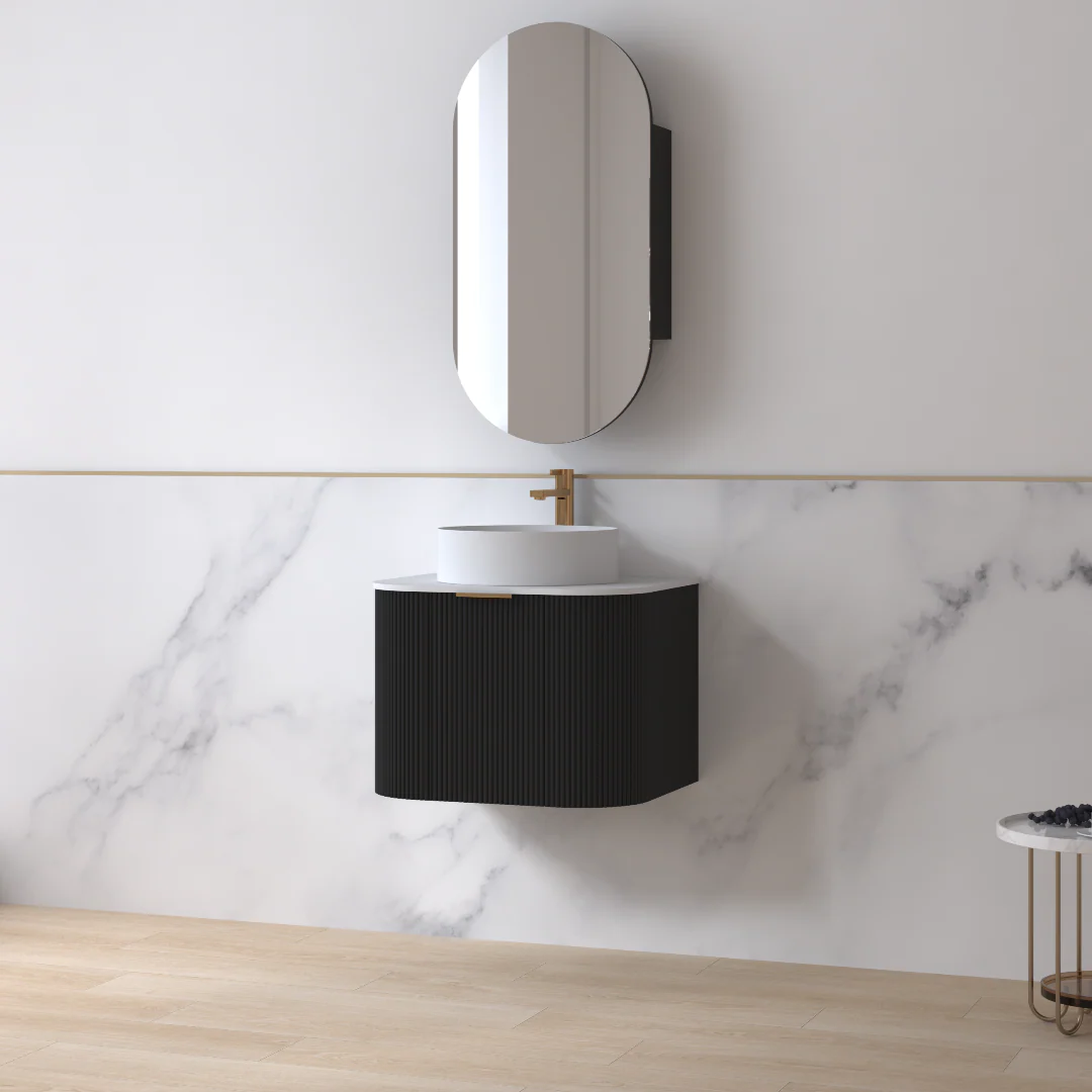 Siena 600 Curved Matte Black Fluted Wall Hung Vanity - Image 4