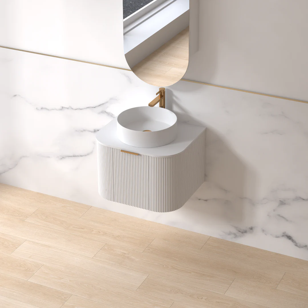 Siena 600 Curved Matte White Fluted Wall Hung Vanity - Image 4