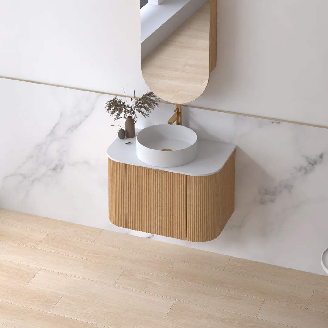Siena 750 Curved Light Walnut Fluted Wall Hung Vanity - Image 3
