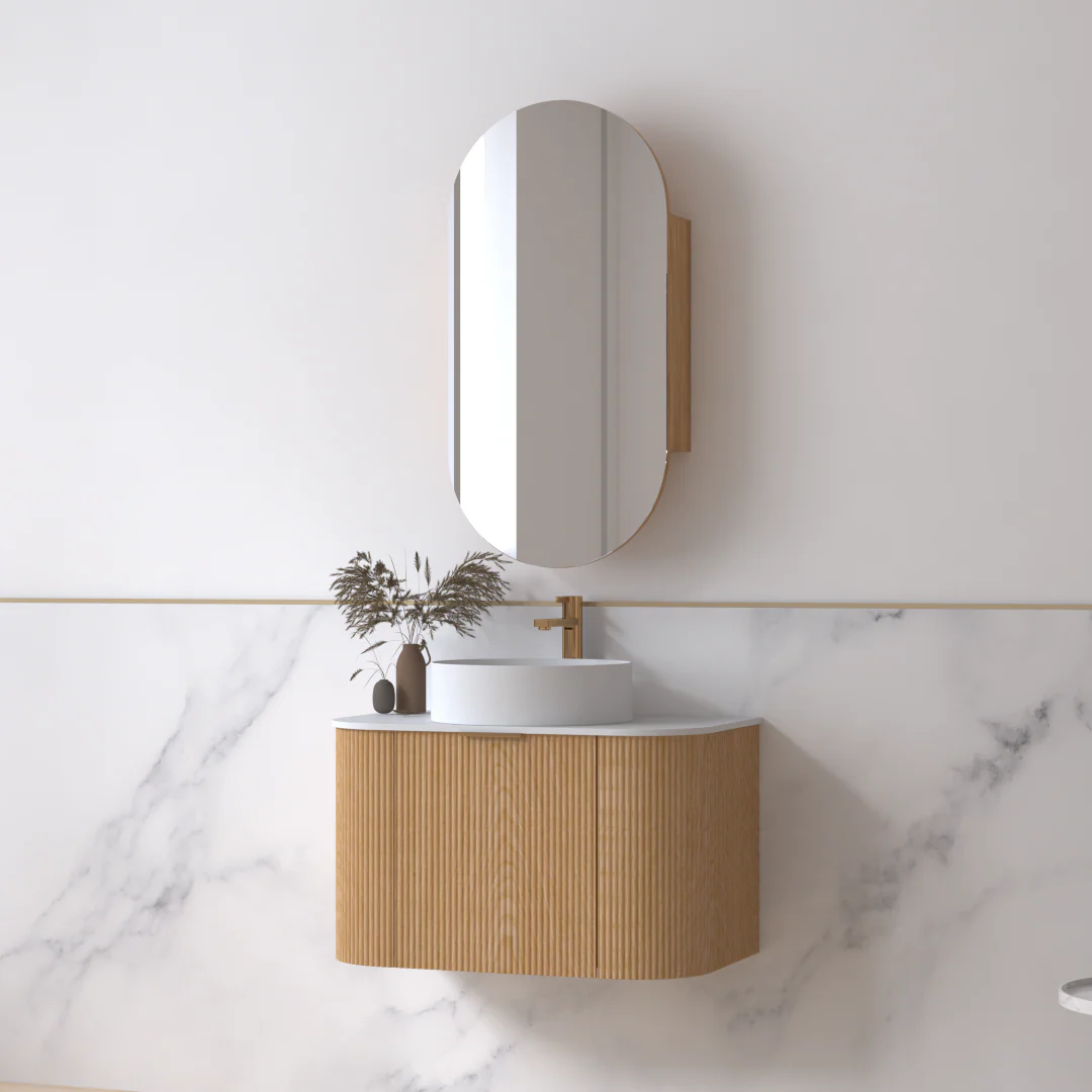 Siena 750 Curved Light Walnut Fluted Wall Hung Vanity - Image 4