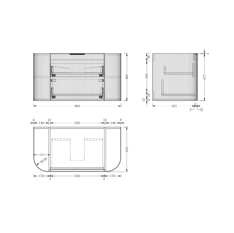 Siena 900 Curved Matte Black Fluted Wall Hung Vanity - Image 5