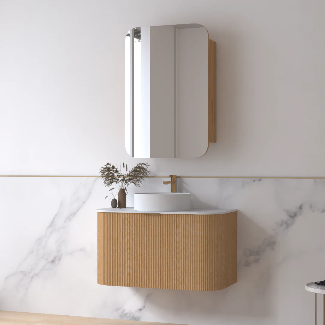 Siena 900 Curved Light Walnut Fluted Wall Hung Vanity - Image 3