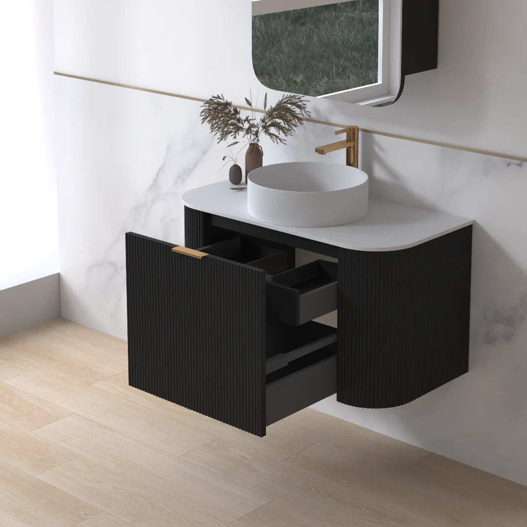 Siena 900 Curved Matte Black Fluted Wall Hung Vanity - Image 2