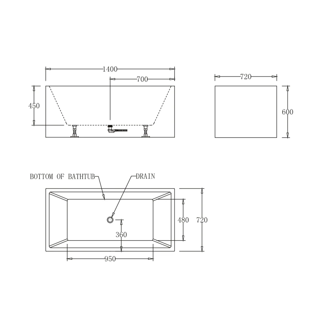 Square Multifit 1400mm Gloss White Freestanding Bath - Image 2