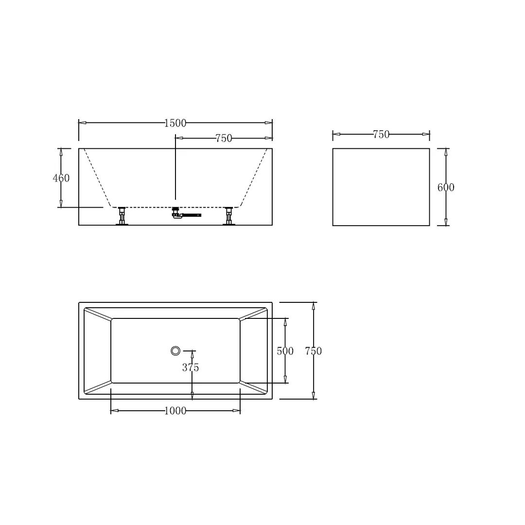 Square Multifit 1500mm Gloss White Freestanding Bath - Image 2