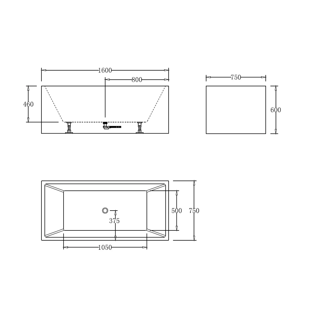 Square Multifit 1600mm Gloss White Freestanding Bath - Image 2