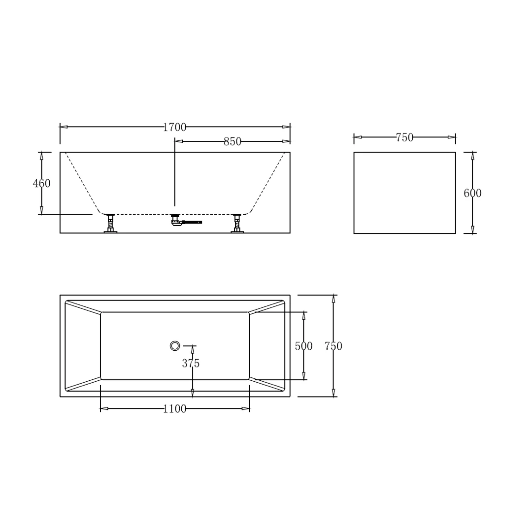 Square Multifit 1700mm Gloss White Freestanding Bath - Image 2