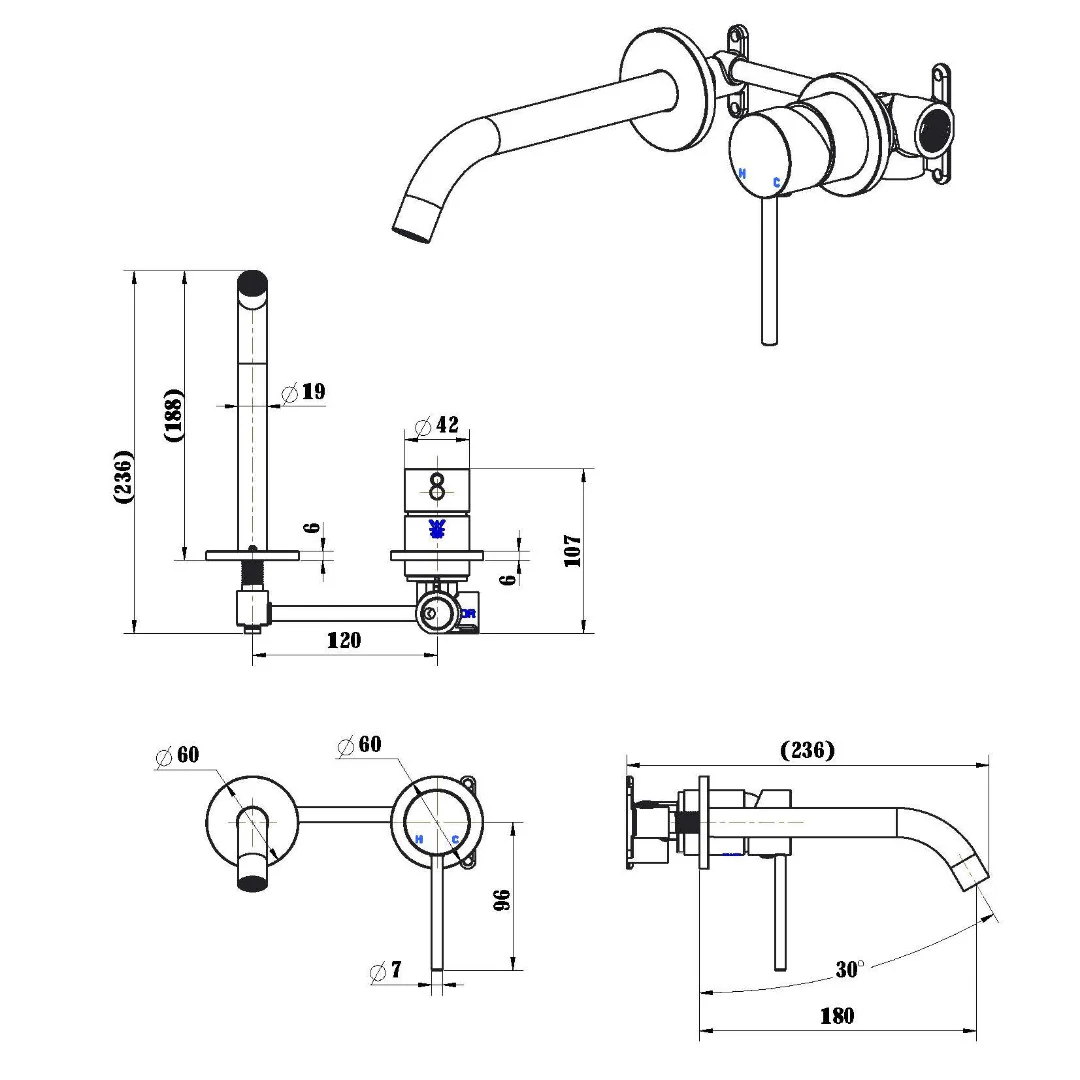 Star Mini Warm Brushed Nickel Wall Basin Mixer Combination Separate Backplate - Image 2