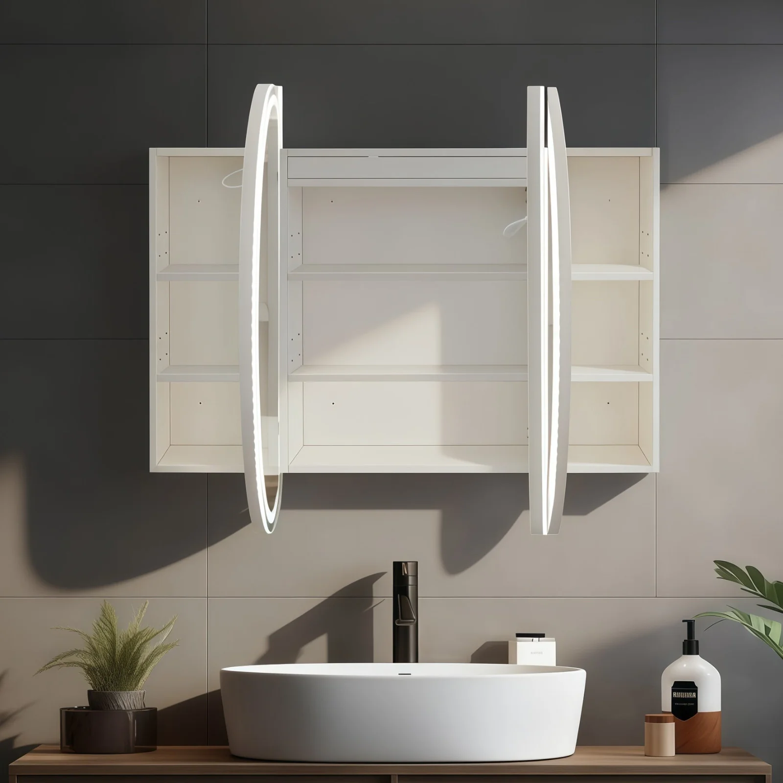 Stella Touchless LED 1200 x 700 Matte White Oval Shaving Cabinet - Image 3
