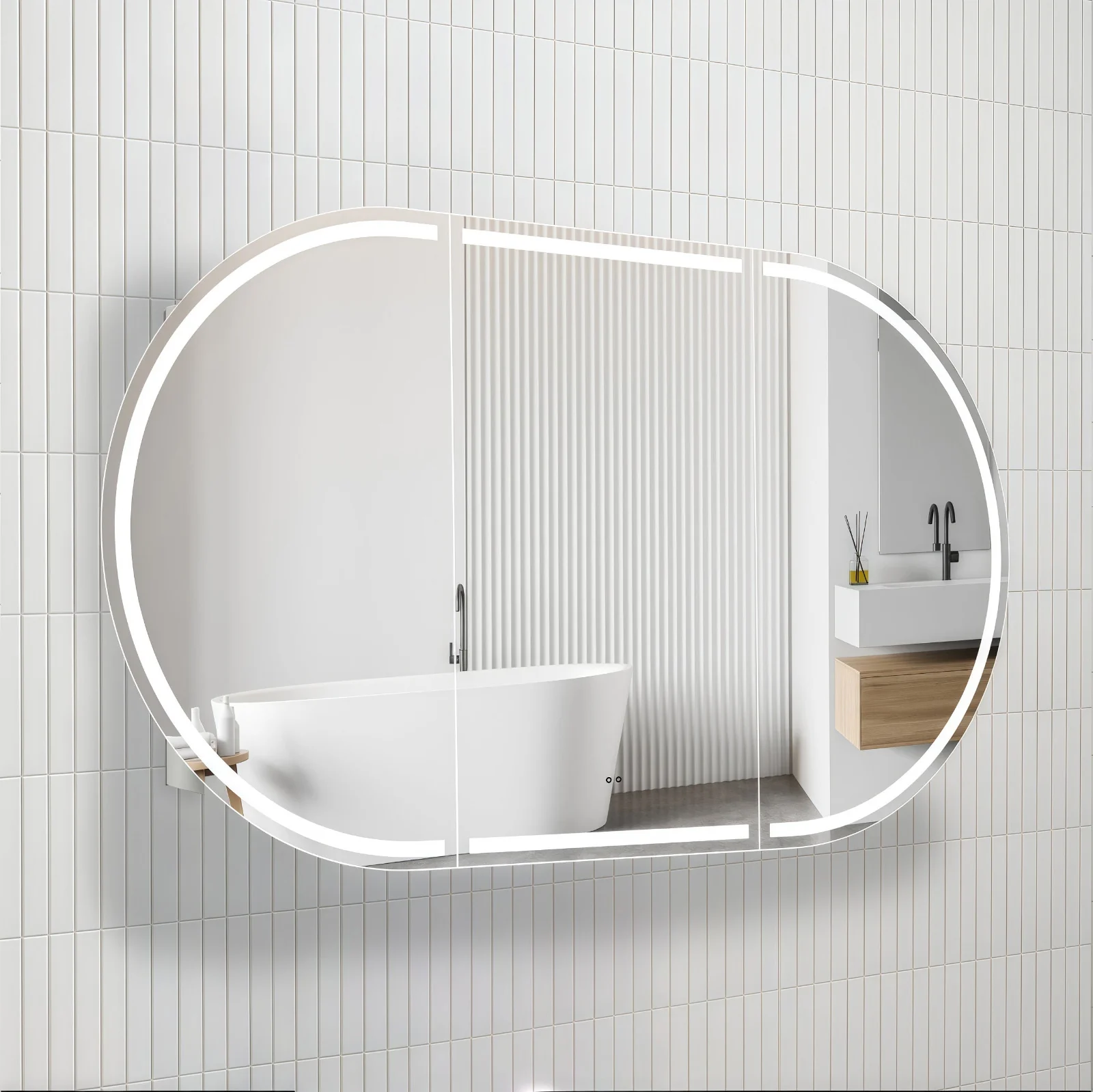 Stella Touchless LED 1200 x 700 Matte White Oval Shaving Cabinet - Image 2