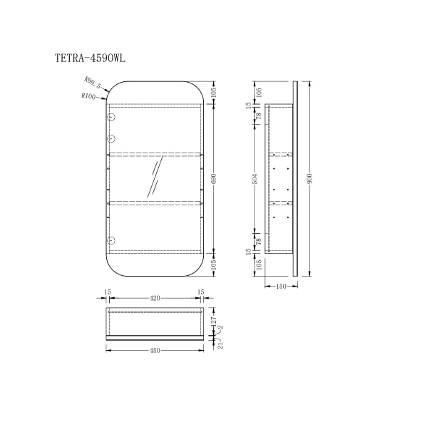 Tetra 450 x 900mm Light Walnut Soft Square Shaving Cabinet - Image 4