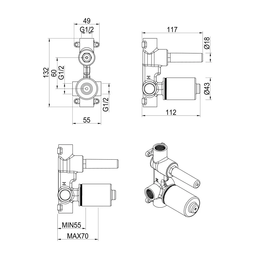 Tiago & Beki Wall Mixer Diverter - Body Only - Image 2