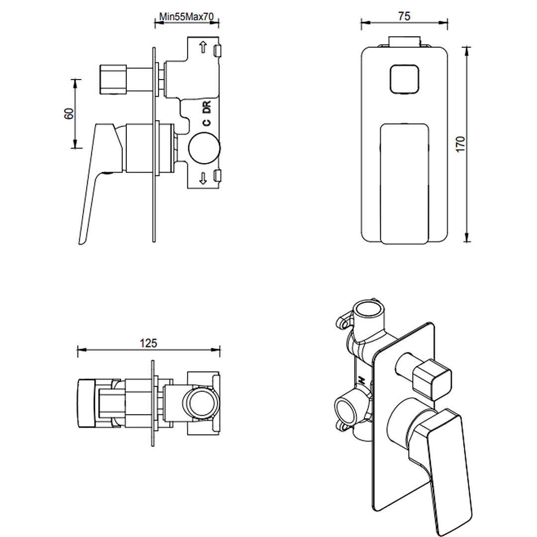 Tiago Brushed Nickel Shower Mixer Diverter - Trim Kit Only - Image 5