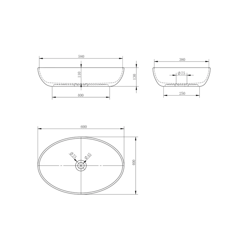 Vela 600mm Solid Surface Stone Oval Above Counter Basin - Image 3