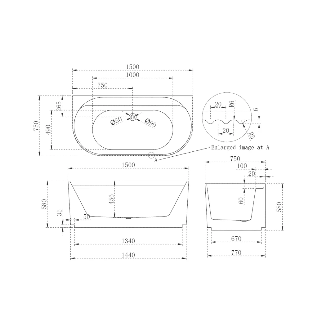Waverly Ribbed 1500mm Gloss White Back to Wall Freestanding Bath - Image 3
