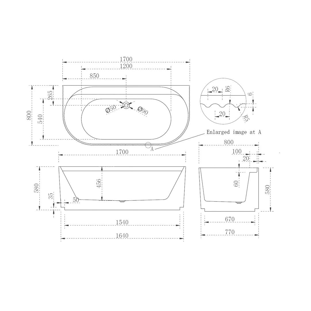 Waverly Ribbed 1700mm Gloss White Back to Wall Freestanding Bath - Image 3